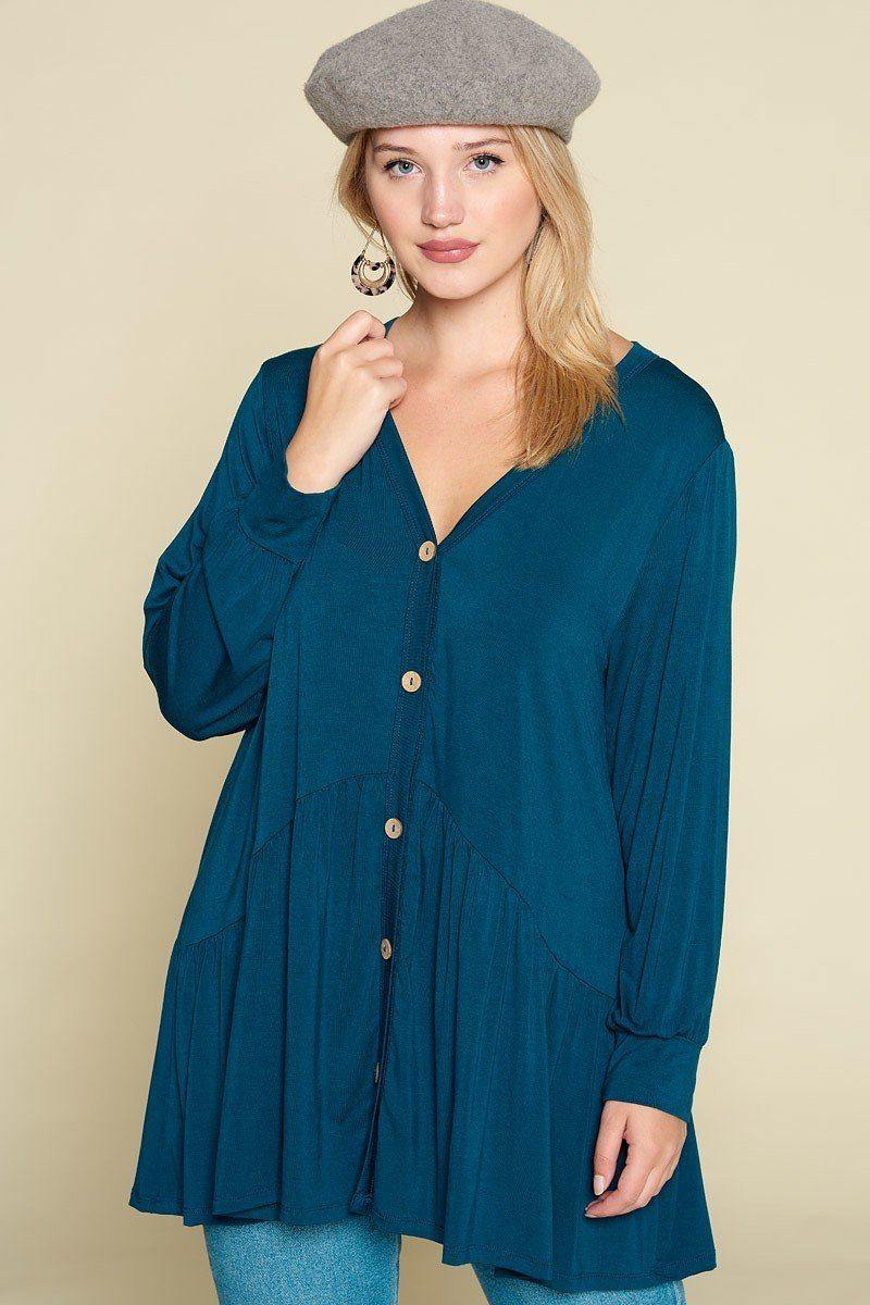 Plus Size Solid Heavy Rayon Modal Jersey Faux Button Up - Pearlara