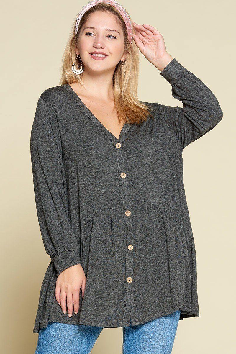 Plus Size Solid Heavy Rayon Modal Jersey Faux Button Up - Pearlara