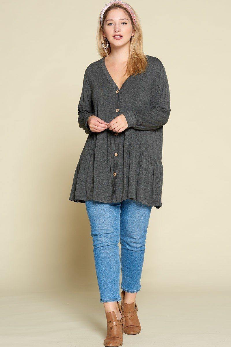 Plus Size Solid Heavy Rayon Modal Jersey Faux Button Up - Pearlara