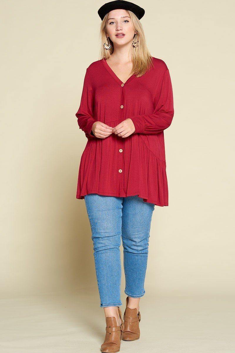 Plus Size Solid Heavy Rayon Modal Jersey Faux Button Up - Pearlara