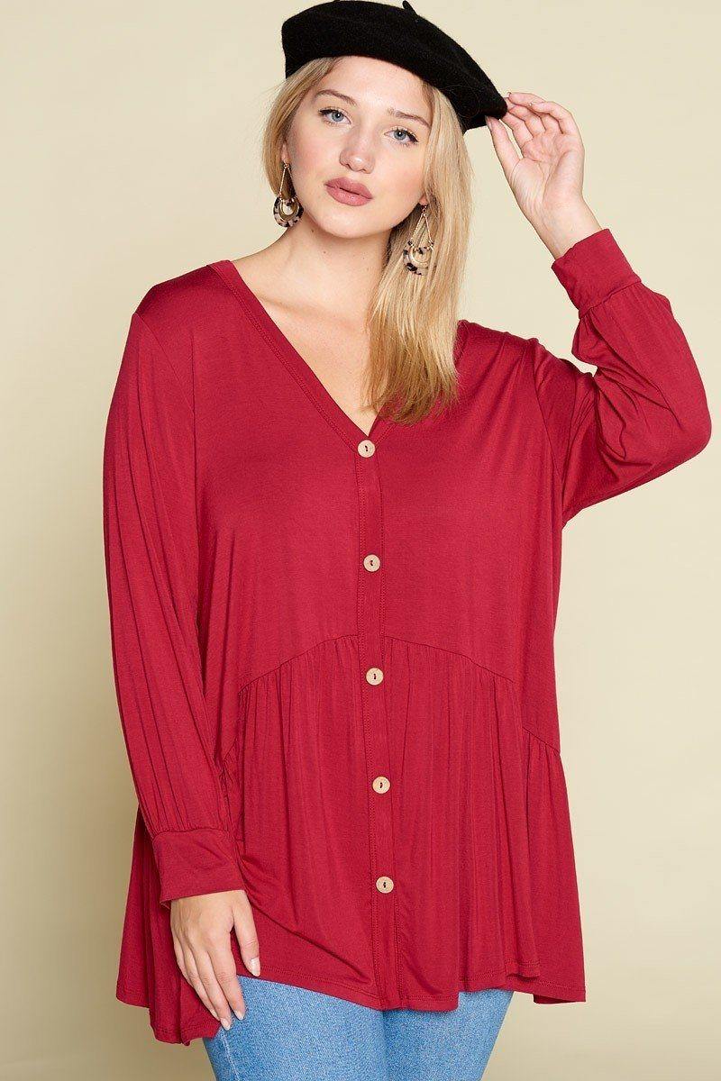 Plus Size Solid Heavy Rayon Modal Jersey Faux Button Up - Pearlara