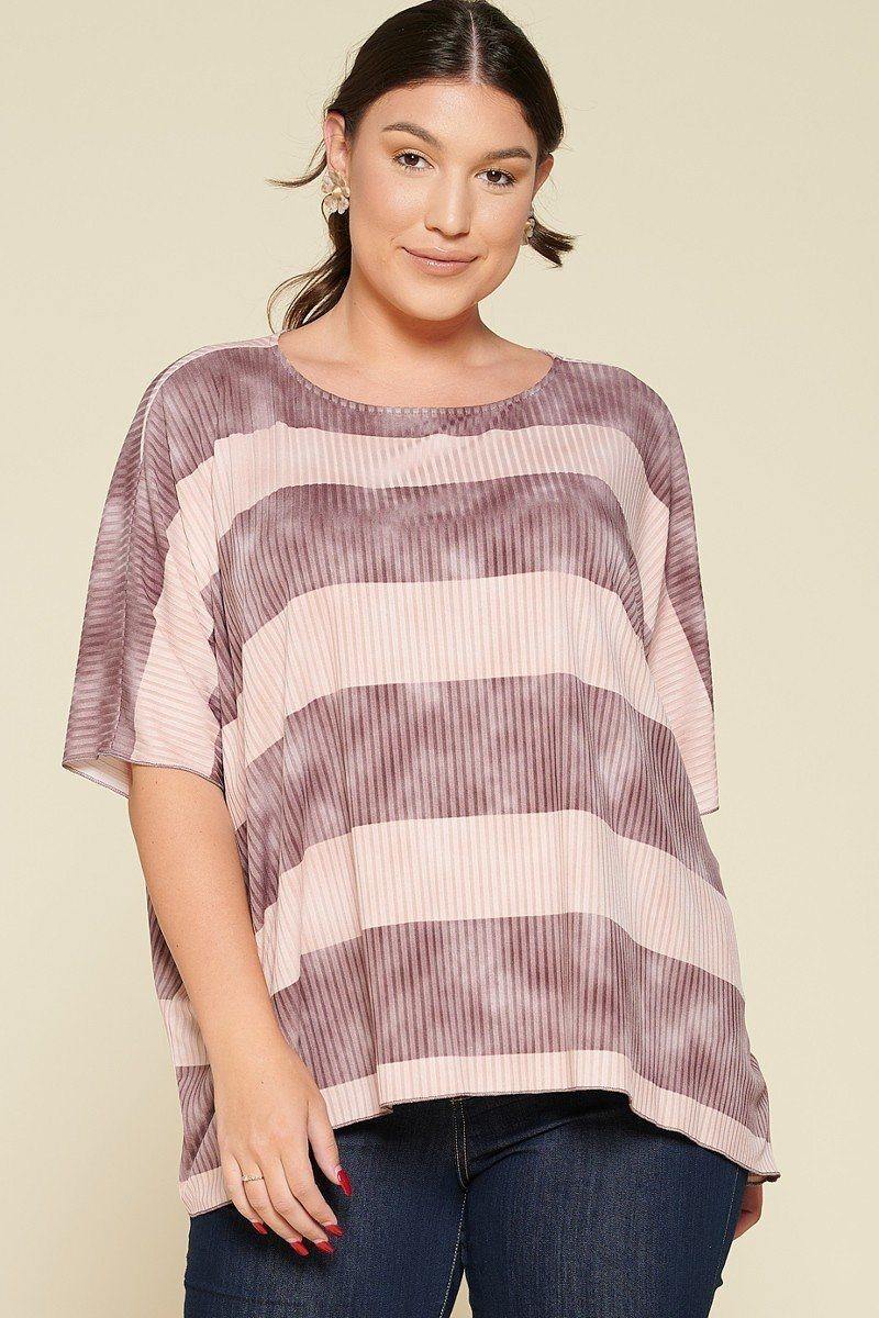 Stripe Printed Pleated Blouse Featuring A Boat Neckline And 1/2 Sleeves - Pearlara