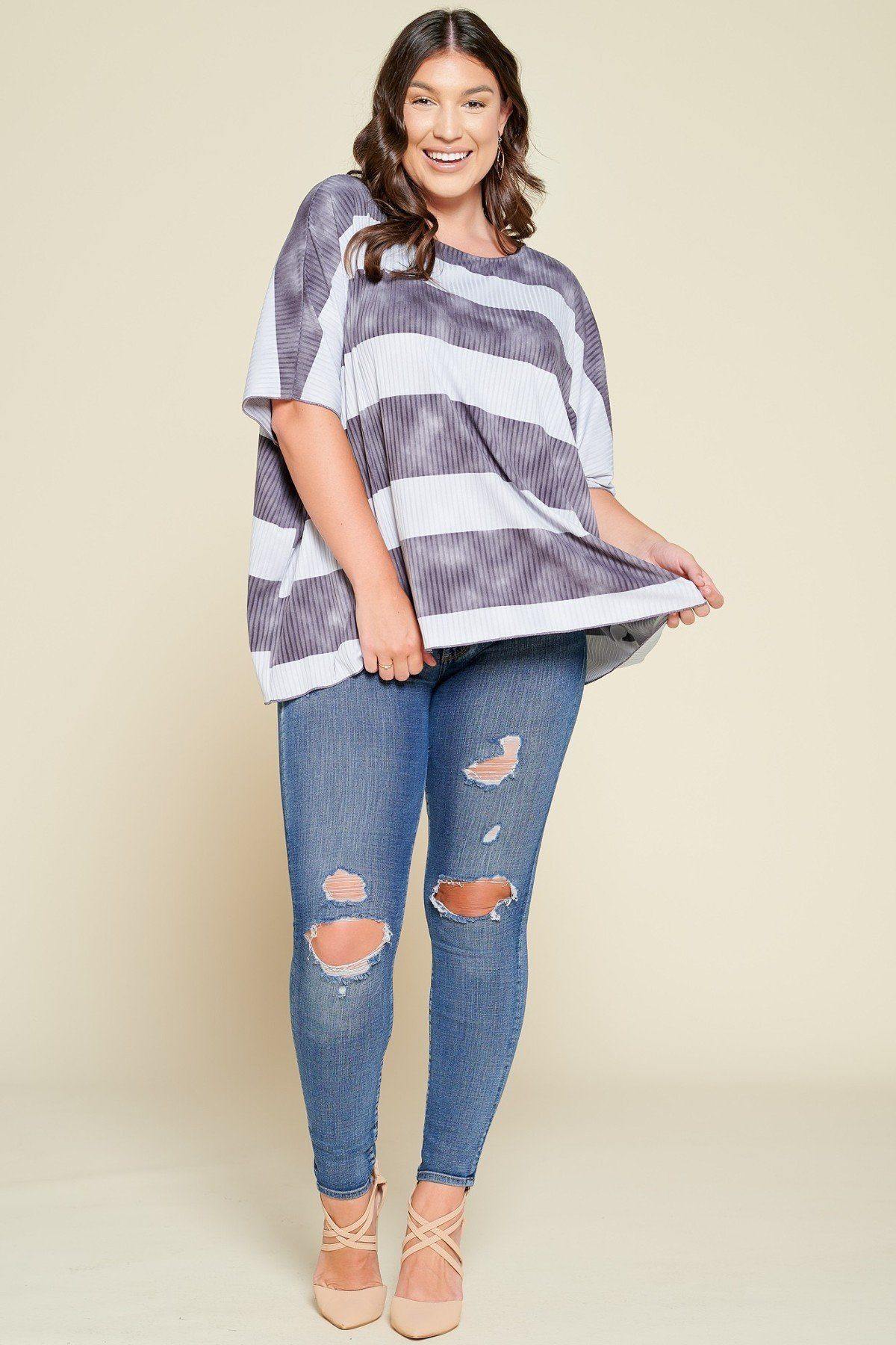 Stripe Printed Pleated Blouse Featuring A Boat Neckline And 1/2 Sleeves - Pearlara