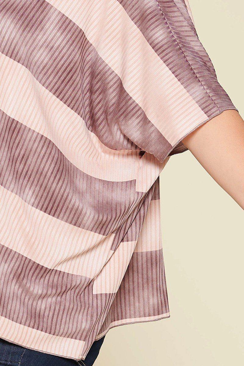 Stripe Printed Pleated Blouse Featuring A Boat Neckline And 1/2 Sleeves - Pearlara