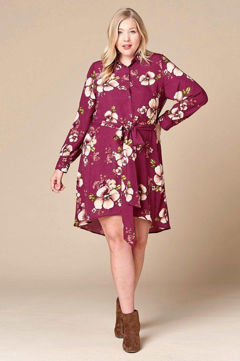 Floral Woven Button-down Collared Shirt Dress - Pearlara