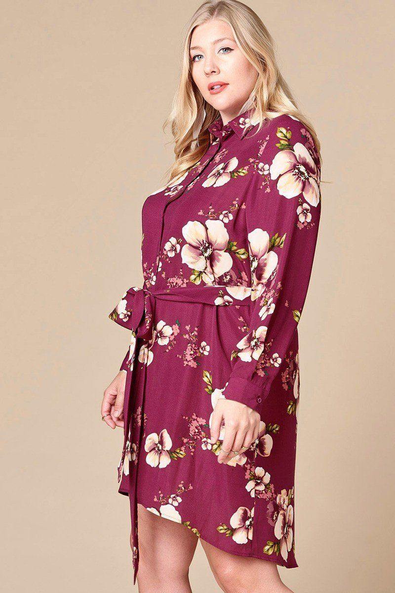 Floral Woven Button-down Collared Shirt Dress - Pearlara