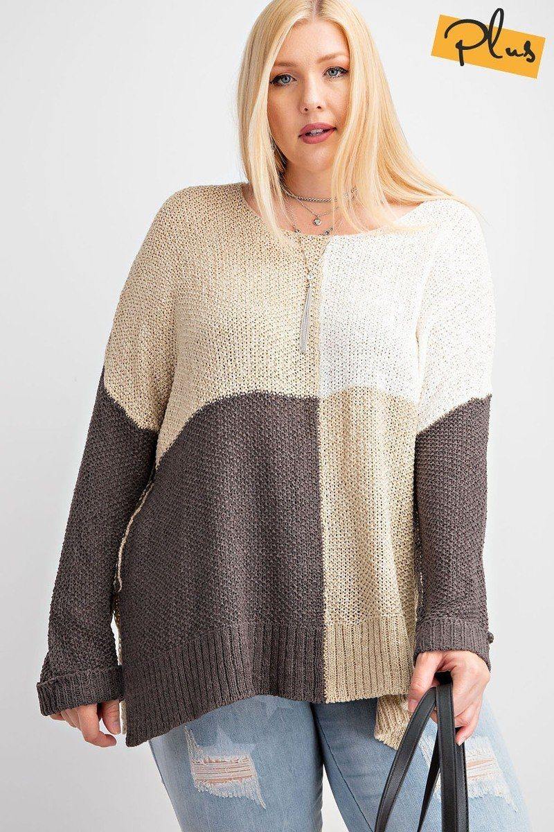 Color Block Long Sleeve Knitted Sweater Top - Pearlara