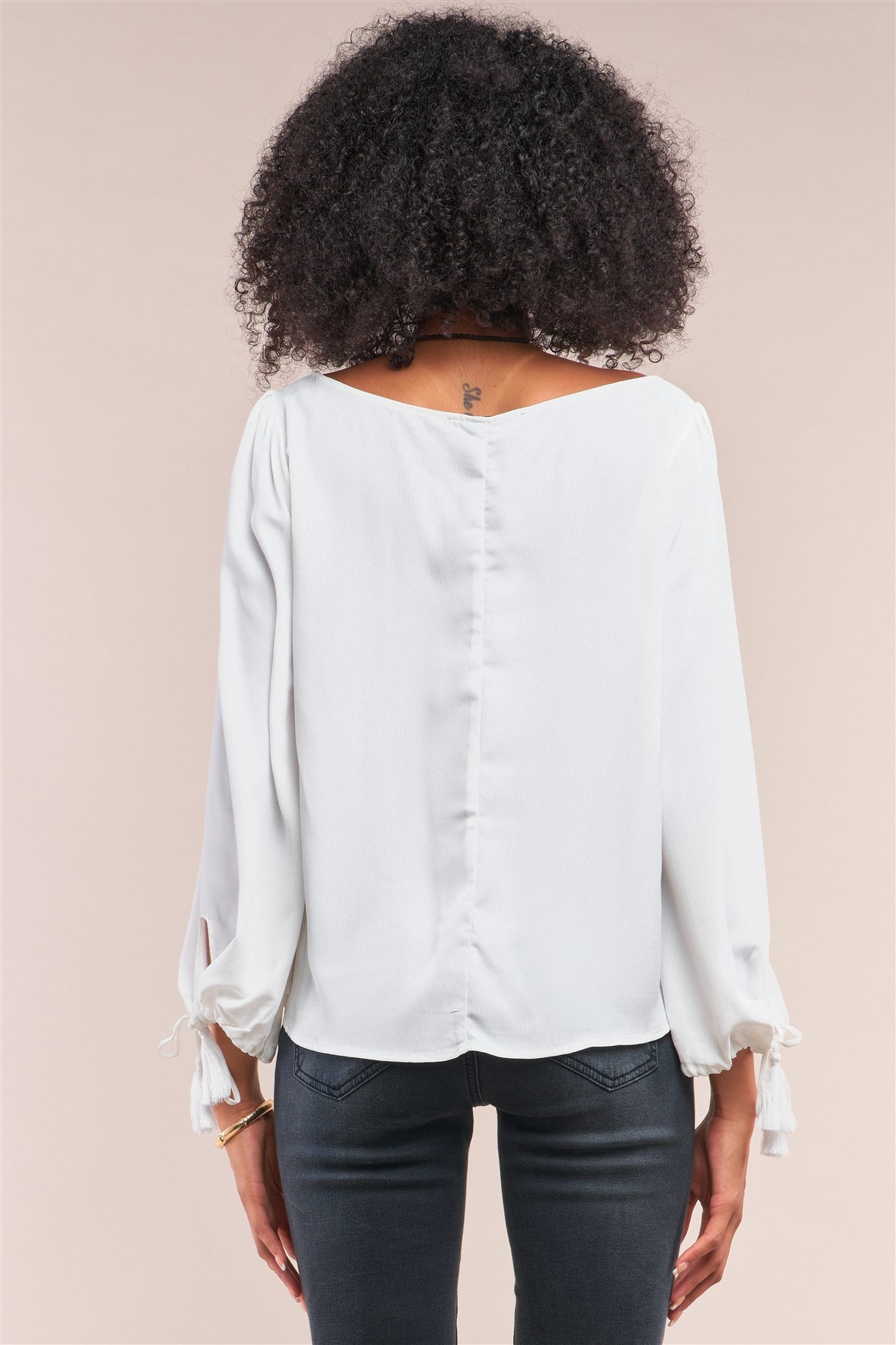 White Bateau Neck Relaxed Fit Tassel Tie Detail Long Sleeve Blouse
