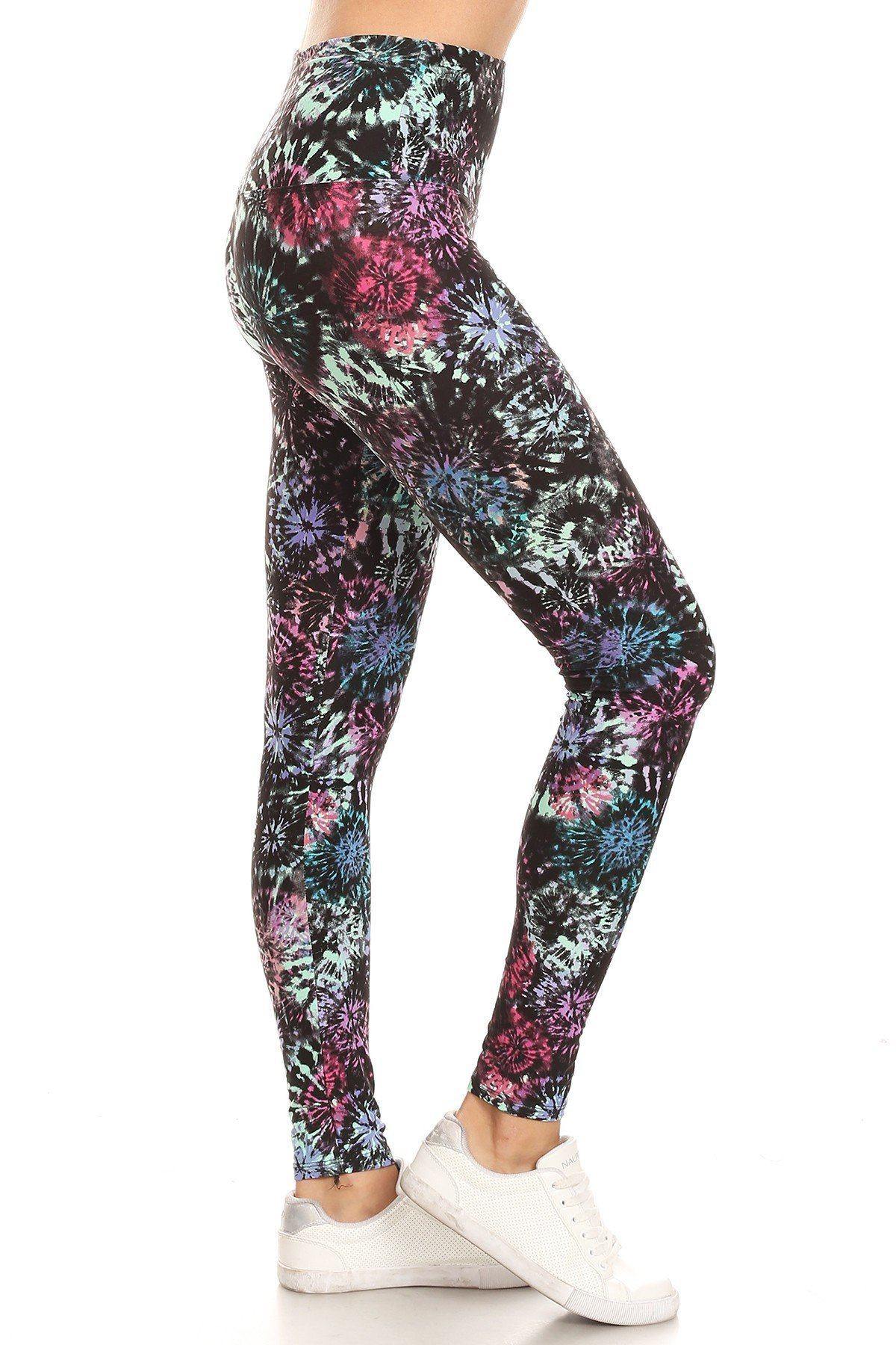 5-inch Long Yoga Style Banded Lined Tie Dye Printed Knit Legging With High Waist. - Pearlara