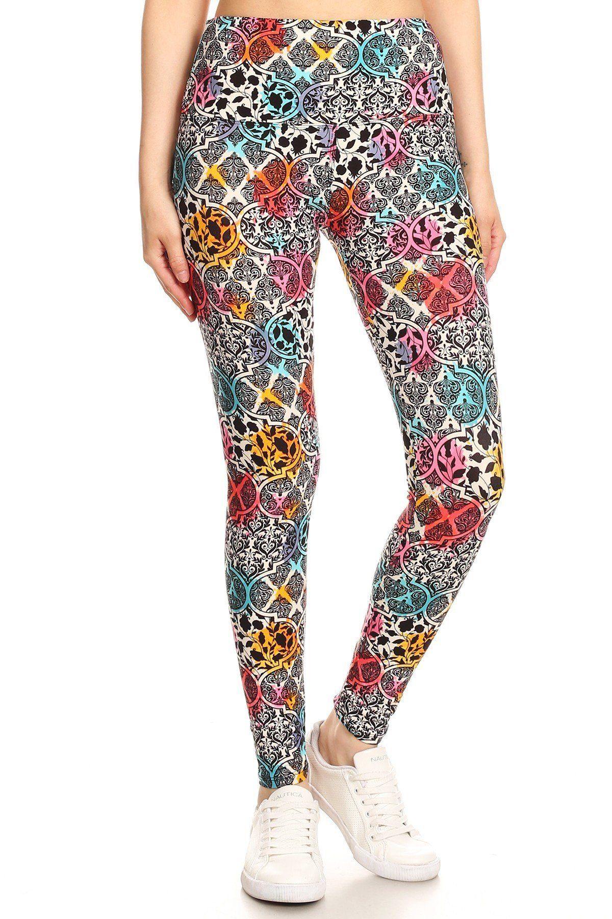 5-inch Long Yoga Style Banded Lined Damask Pattern Printed Knit Legging With High Waist - Pearlara