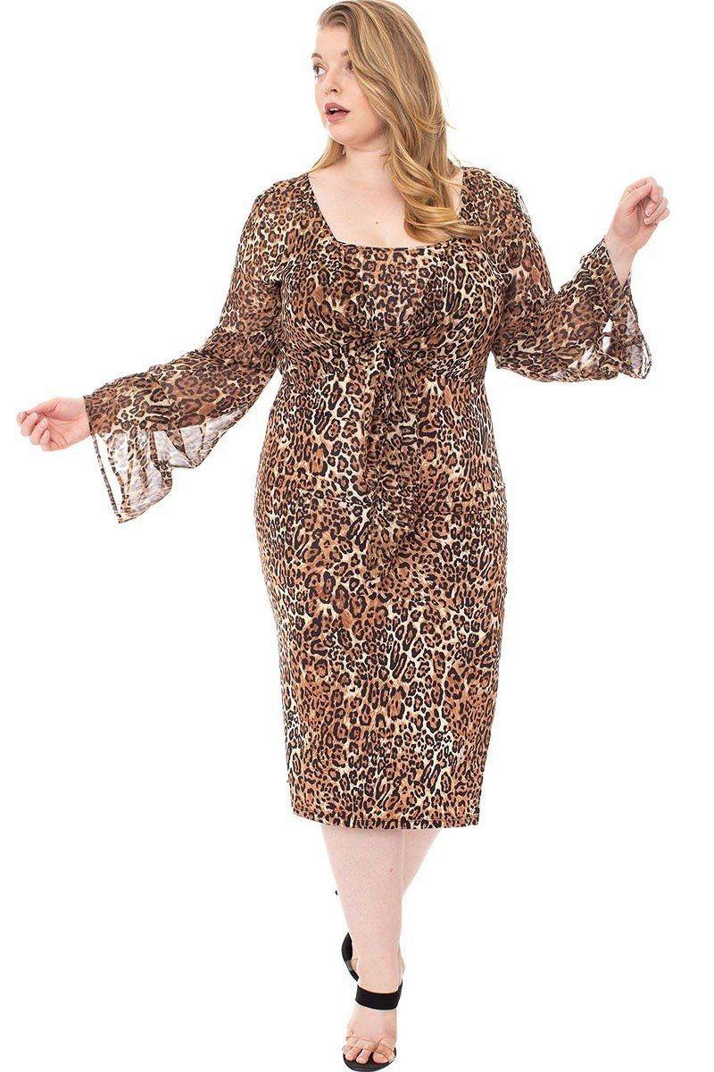 Leopard Print Cardigan & Dress Plus Size Set - Pearlara