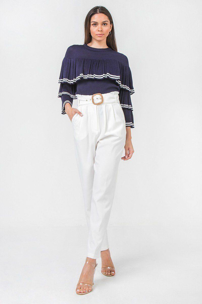 A Solid Pant Featuring Paperbag Waist With Rattan Buckle Belt - Pearlara