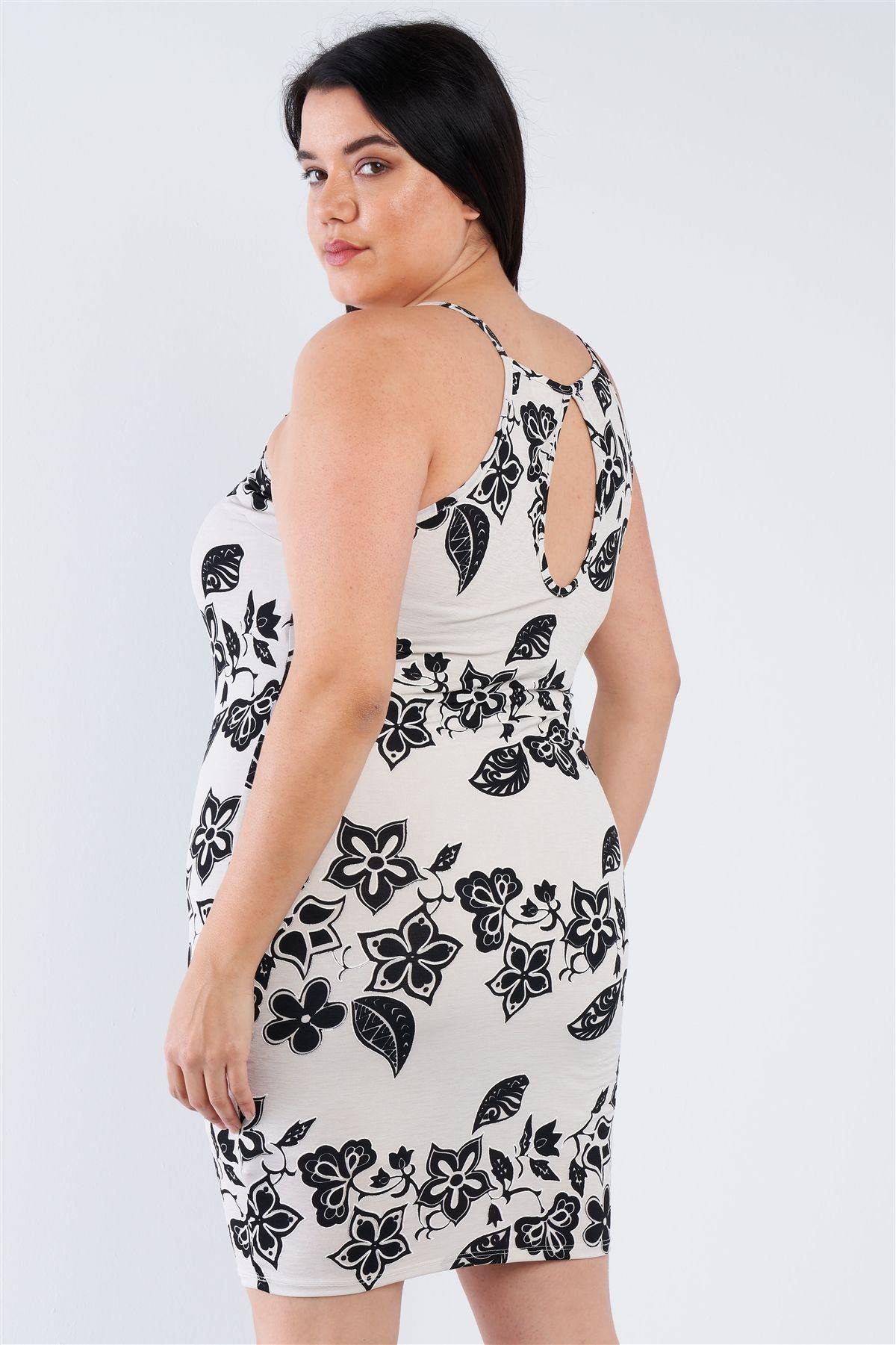 Plus Size Ivory Black Floral Basic Dress - Pearlara