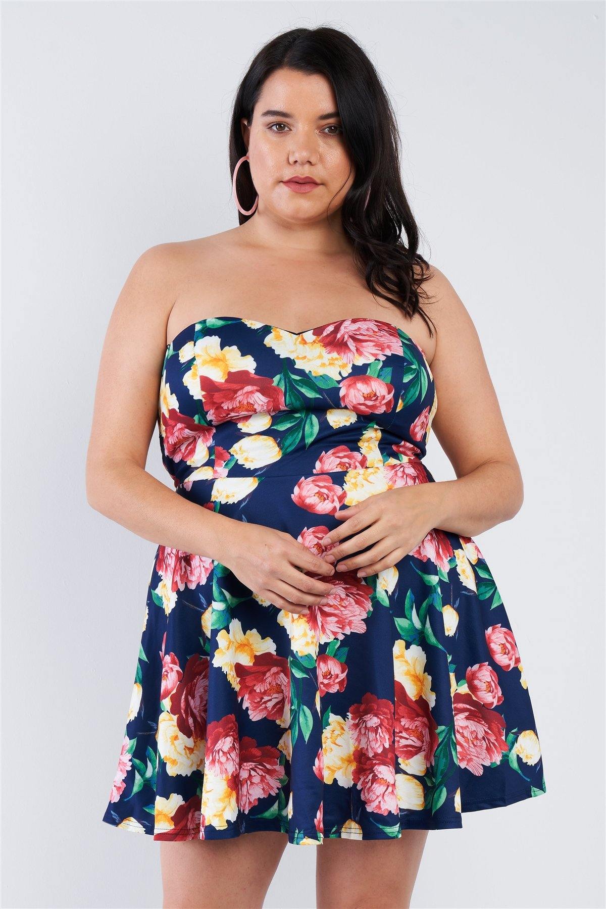 Plus Size Navy Multi Floral Sweetheart Dress - Pearlara