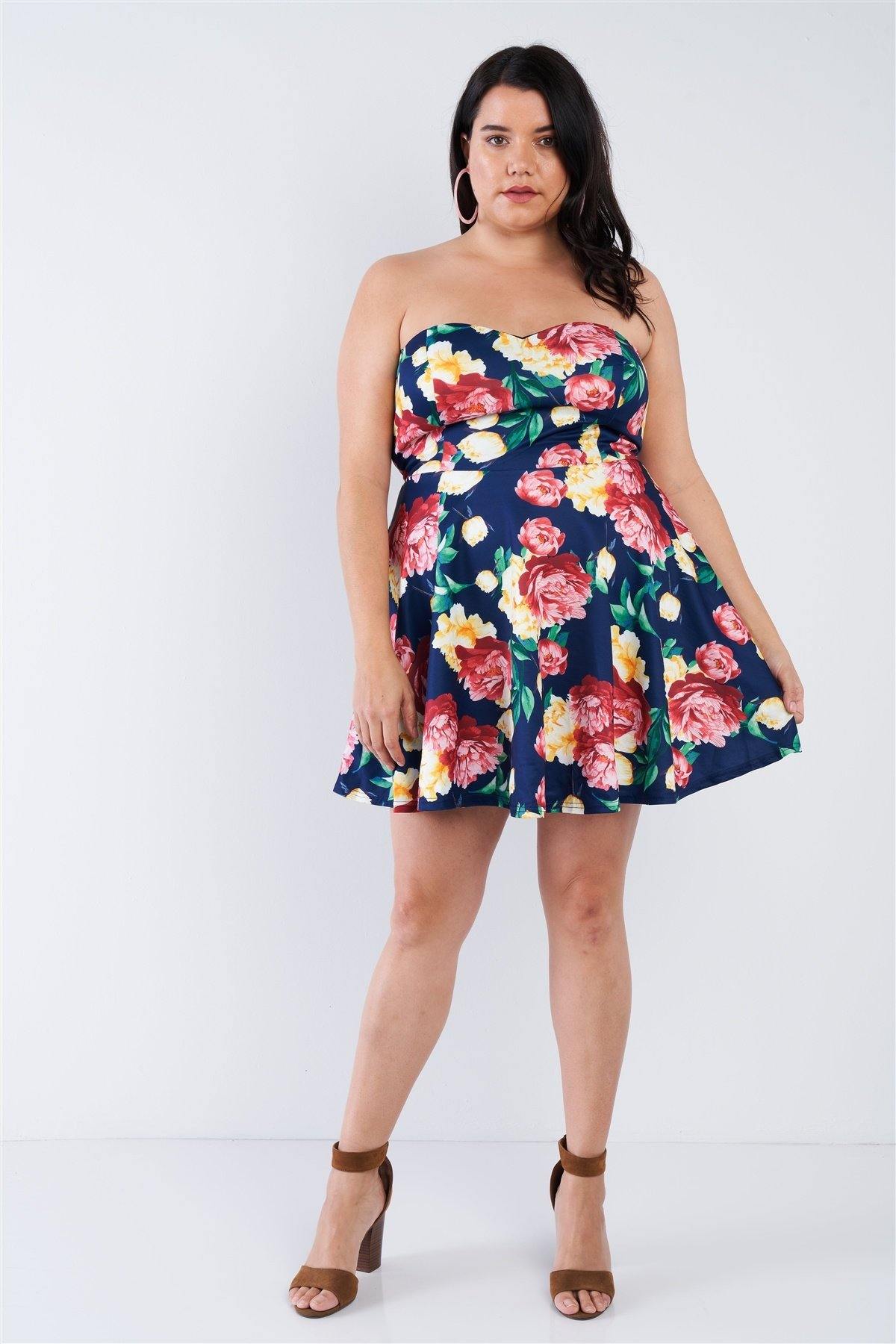 Plus Size Navy Multi Floral Sweetheart Dress - Pearlara