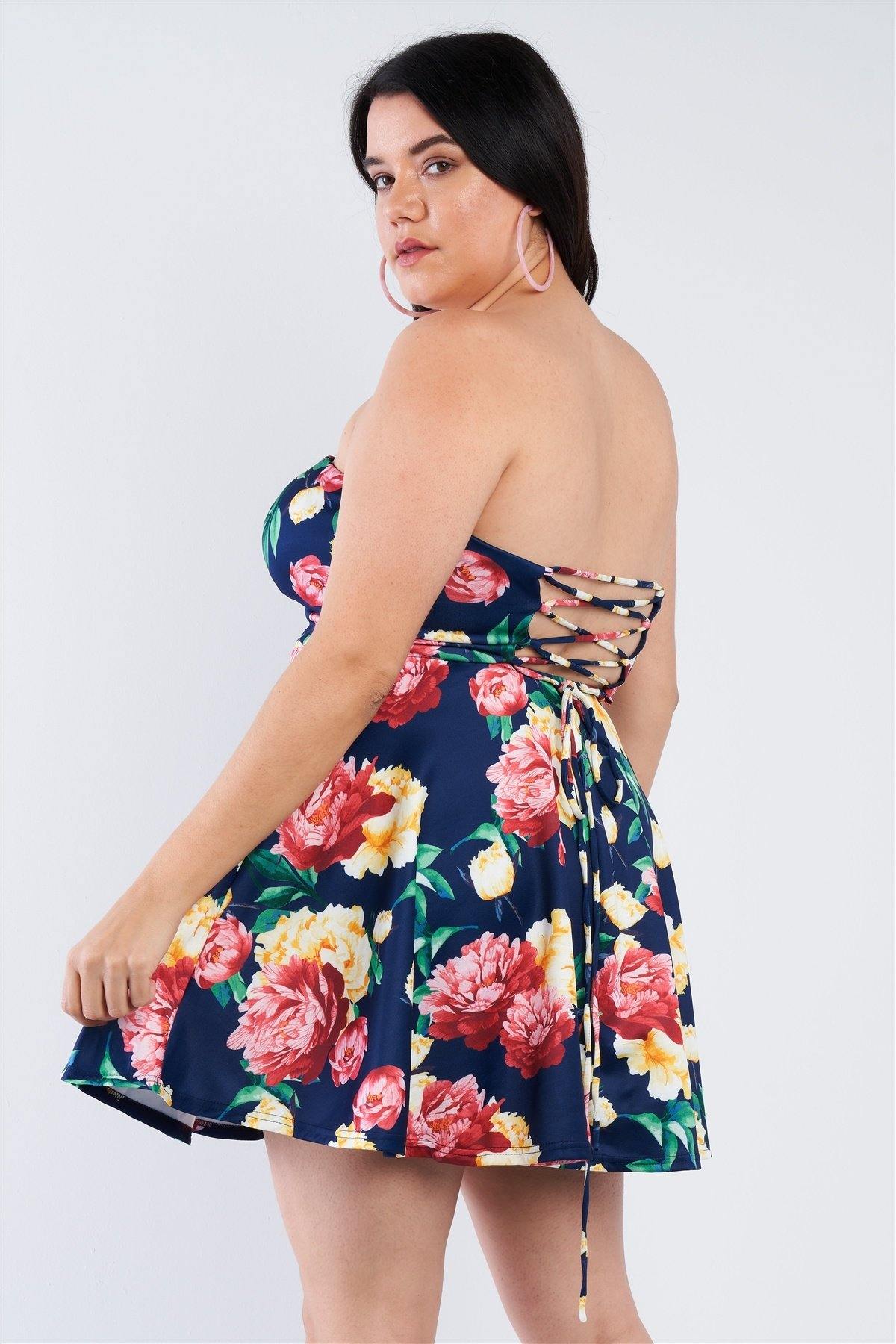 Plus Size Navy Multi Floral Sweetheart Dress - Pearlara