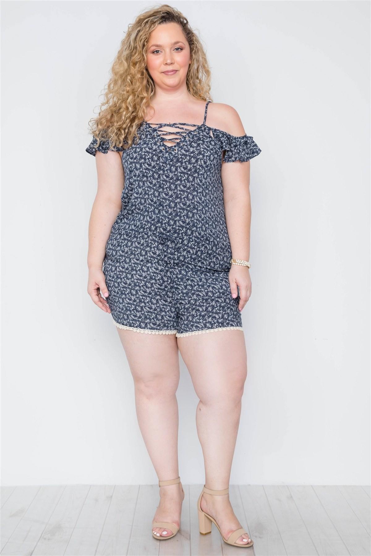 Plus Size Navy Floral Print Lace Up Romper - Pearlara