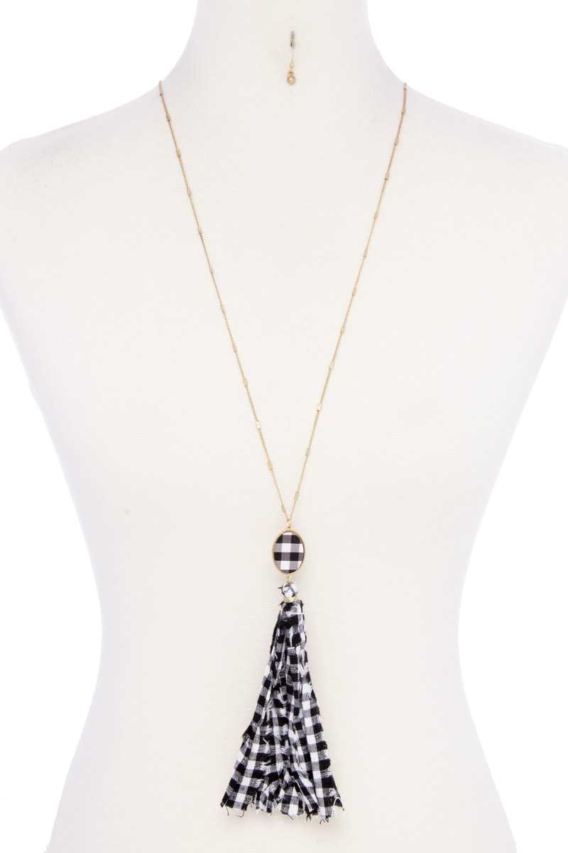 Checkered Pattern Fabric Tassel Necklace