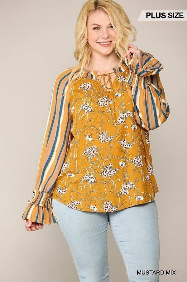 Print Mixed Peasant Smocked Top - Pearlara