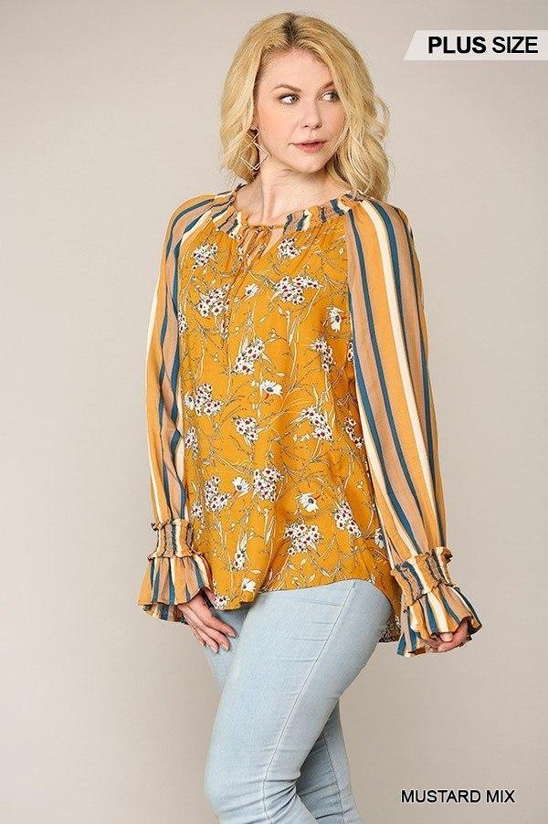 Print Mixed Peasant Smocked Top - Pearlara