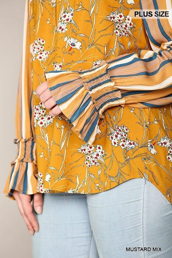 Print Mixed Peasant Smocked Top - Pearlara