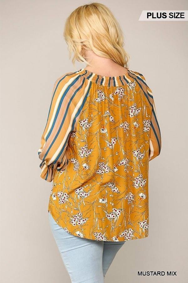 Print Mixed Peasant Smocked Top - Pearlara