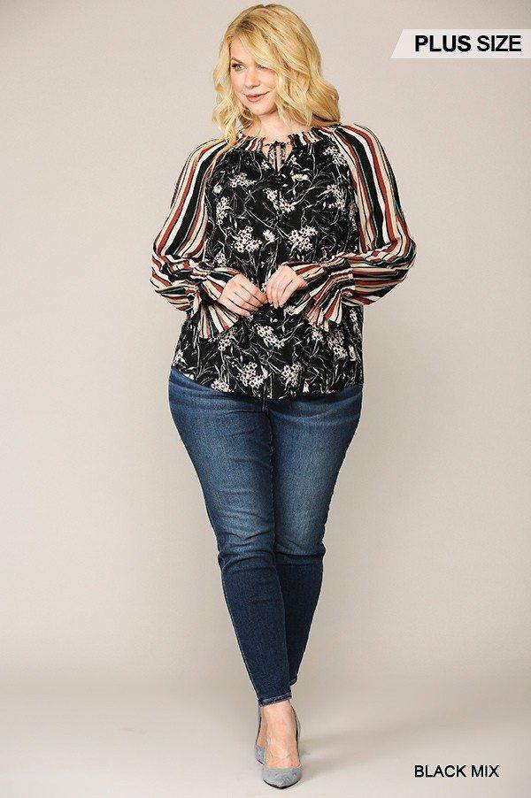 Print Mixed Peasant Smocked Top - Pearlara