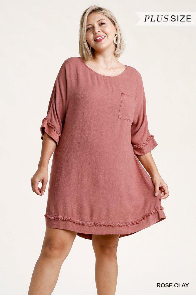 Linen Blend Round Neck Half Sleeve Dress With Chest Pocket And Frayed Edge Detail - Pearlara