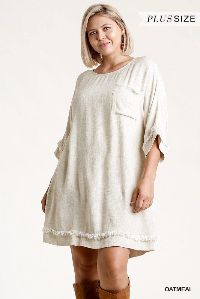 Linen Blend Round Neck Half Sleeve Dress With Chest Pocket And Frayed Edge Detail - Pearlara