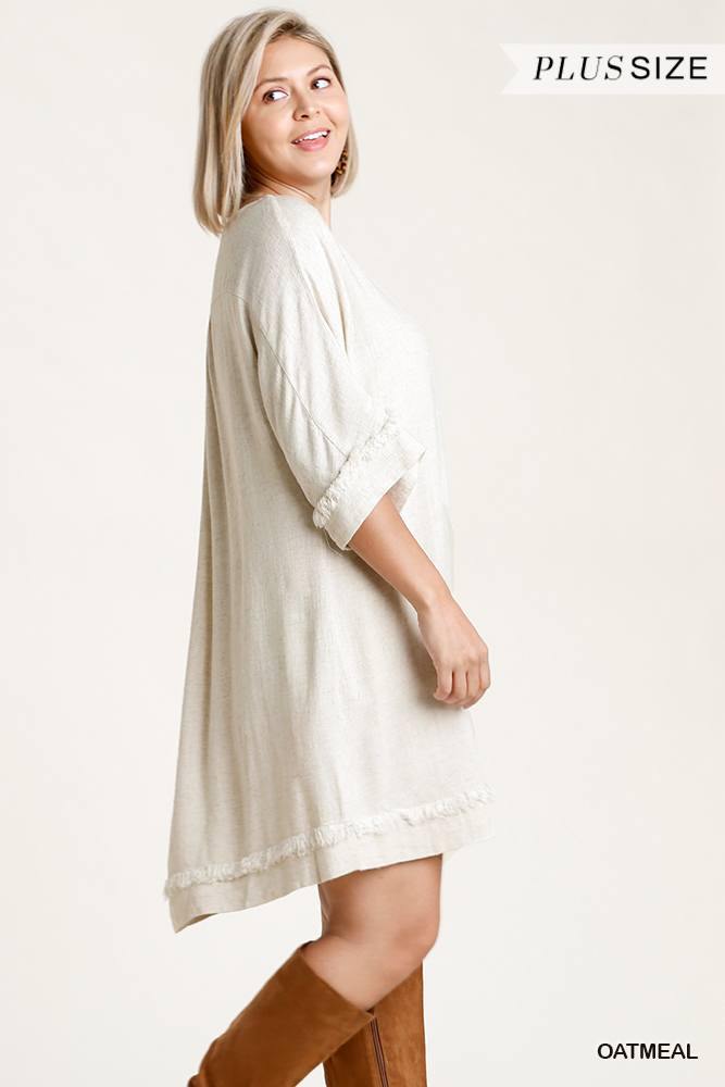 Linen Blend Round Neck Half Sleeve Dress With Chest Pocket And Frayed Edge Detail - Pearlara