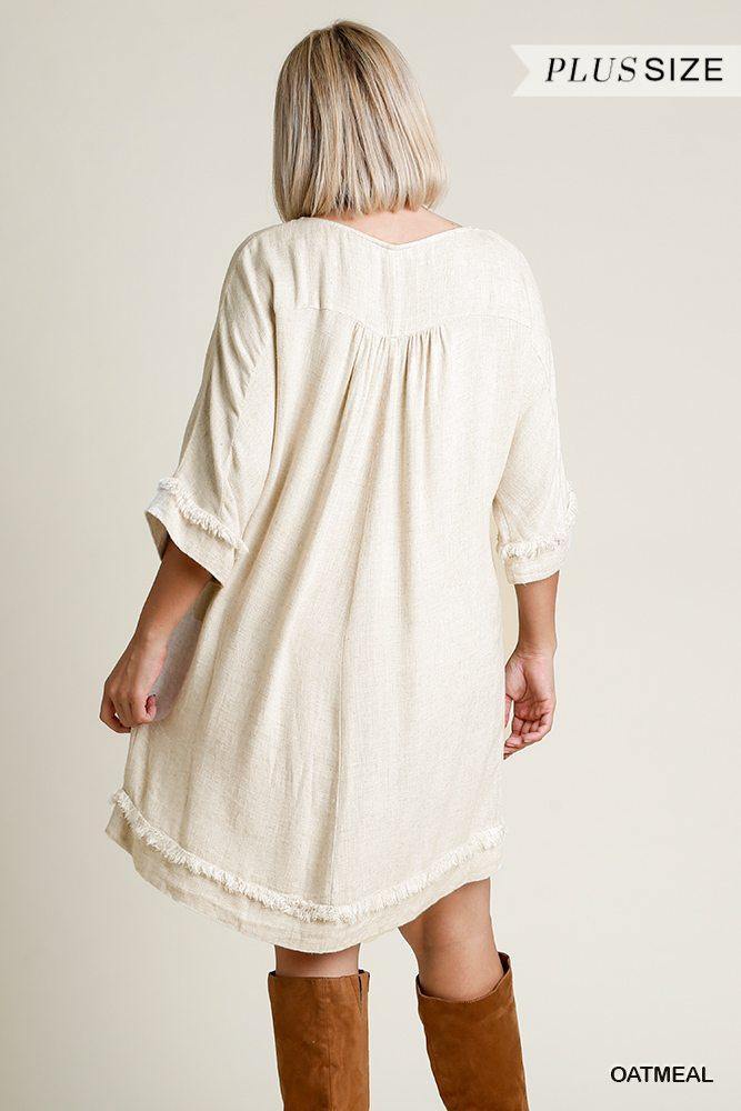 Linen Blend Round Neck Half Sleeve Dress With Chest Pocket And Frayed Edge Detail - Pearlara