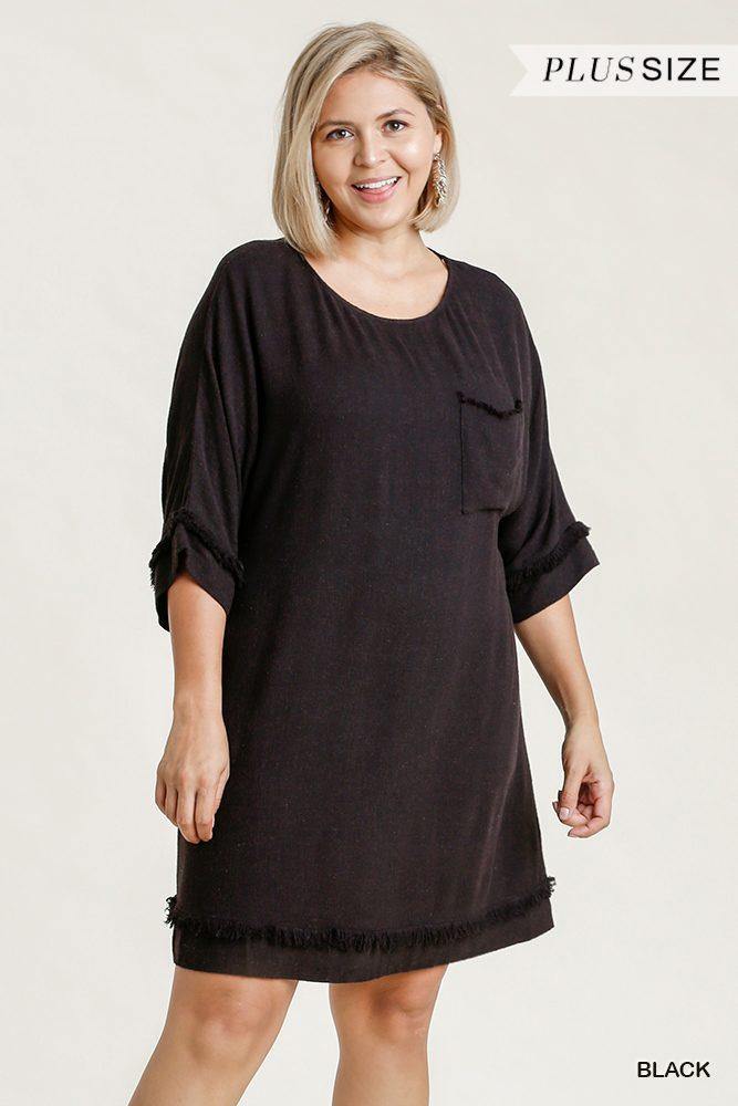 Linen Blend Round Neck Half Sleeve Dress With Chest Pocket And Frayed Edge Detail - Pearlara