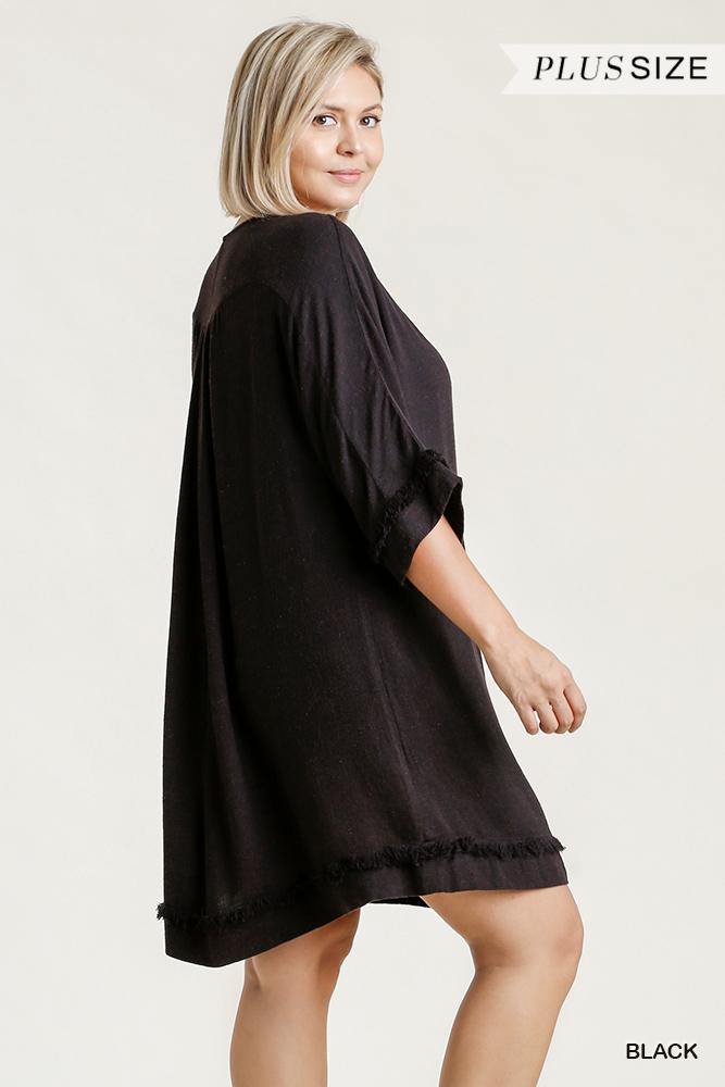 Linen Blend Round Neck Half Sleeve Dress With Chest Pocket And Frayed Edge Detail - Pearlara