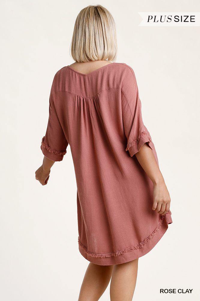 Linen Blend Round Neck Half Sleeve Dress With Chest Pocket And Frayed Edge Detail - Pearlara