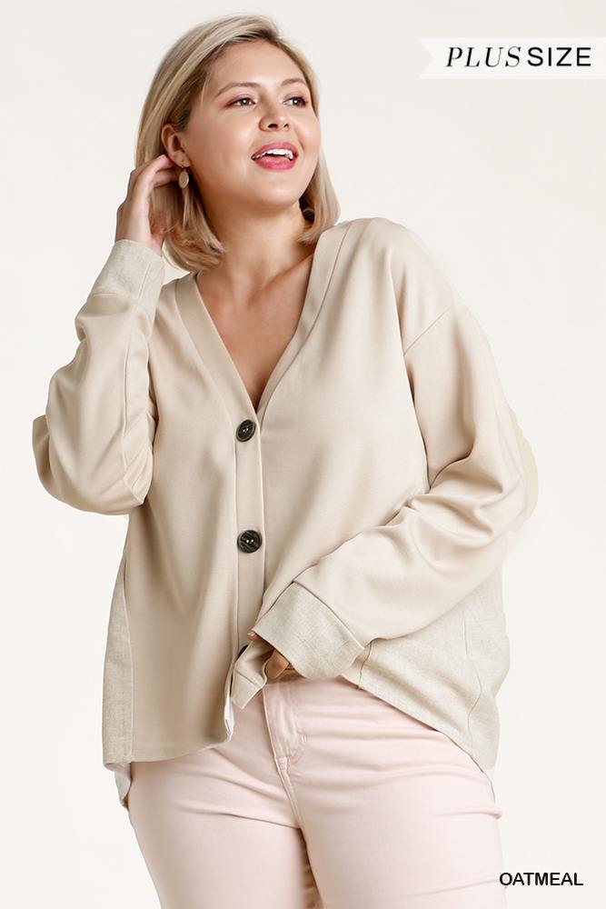 Linen Blend Button Down Cardigan With High Low Hem - Pearlara