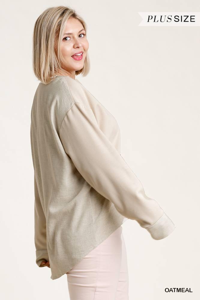 Linen Blend Button Down Cardigan With High Low Hem - Pearlara