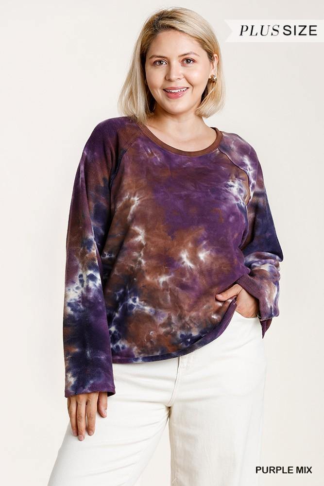 French Terry Tie-dye Raglan Long Sleeve Top With Raw Hem - Pearlara