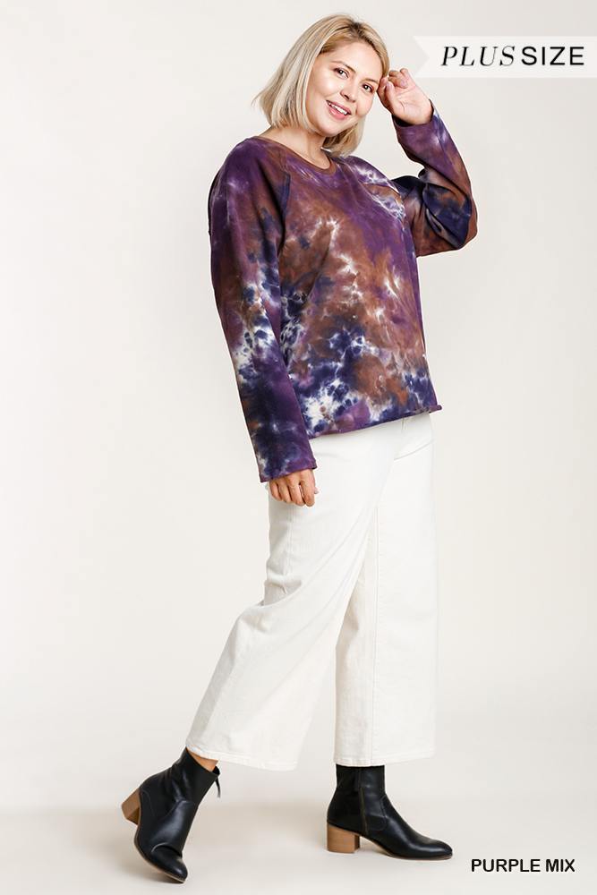 French Terry Tie-dye Raglan Long Sleeve Top With Raw Hem - Pearlara