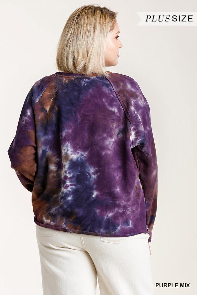 French Terry Tie-dye Raglan Long Sleeve Top With Raw Hem - Pearlara