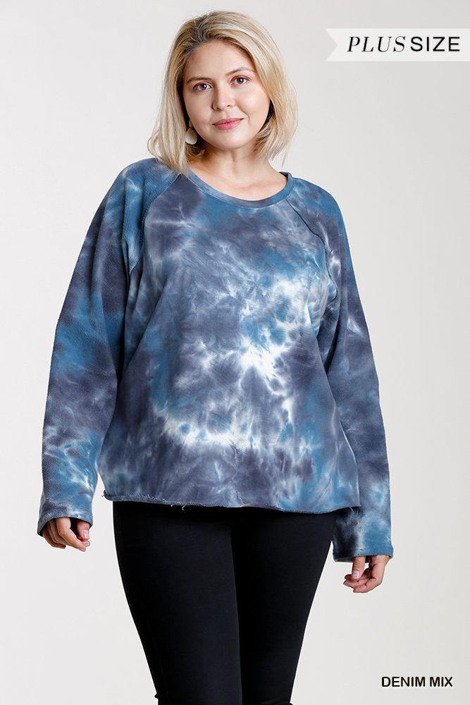 French Terry Tie-dye Raglan Long Sleeve Top With Raw Hem - Pearlara