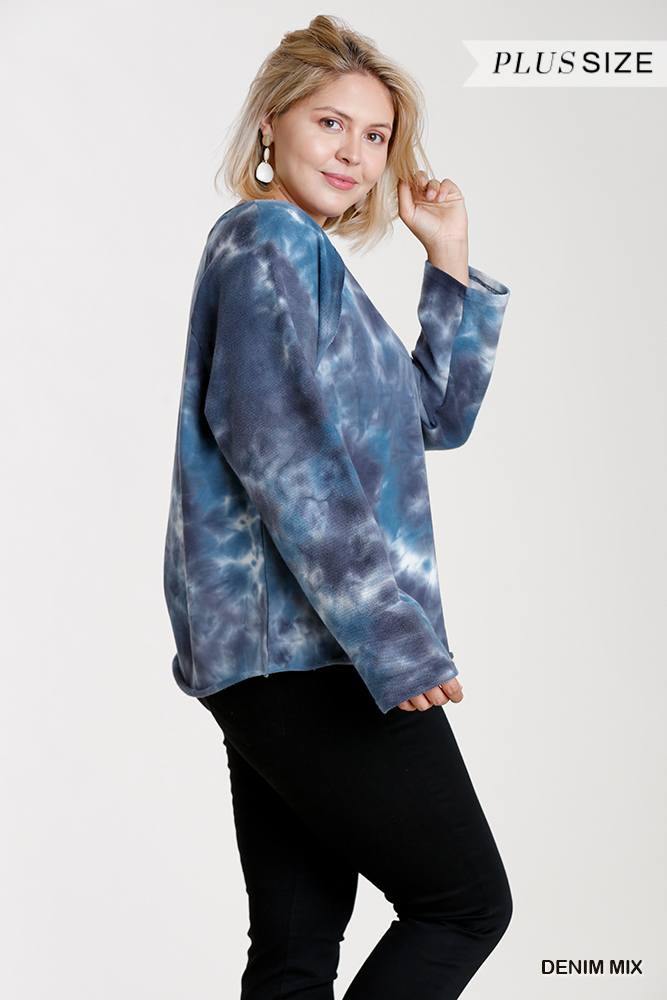 French Terry Tie-dye Raglan Long Sleeve Top With Raw Hem - Pearlara