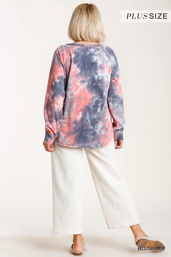 Tie-dye Button Front Long Raglan Sleeve Top With Raw Hem - Pearlara