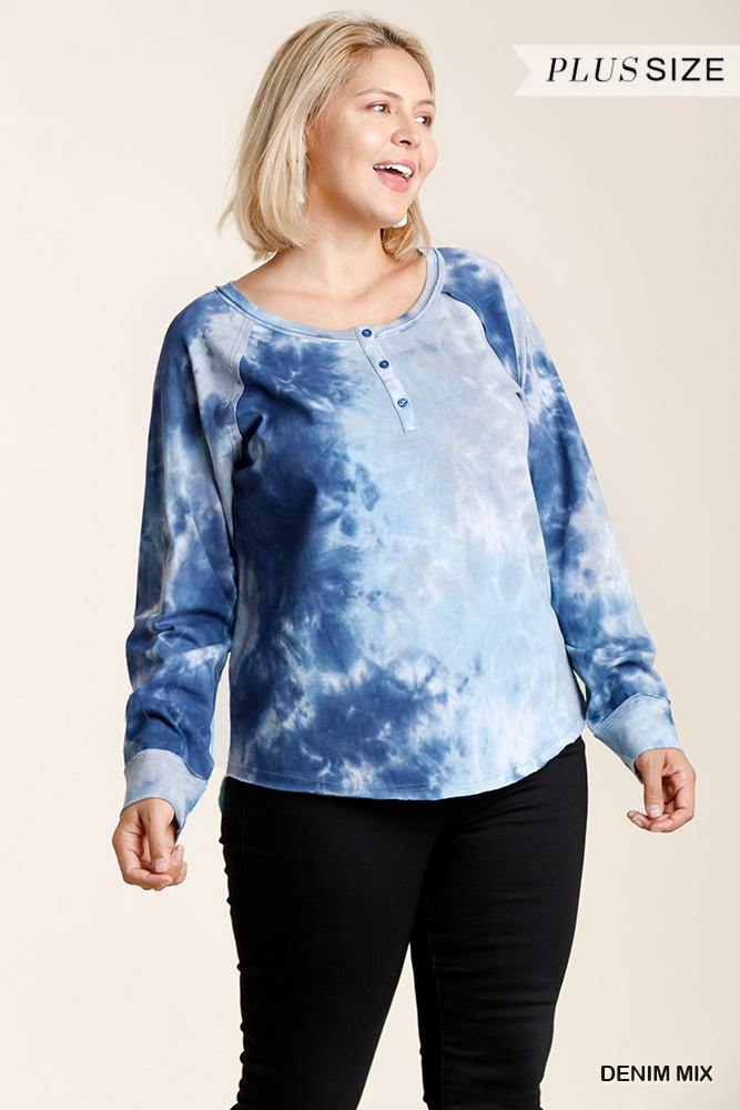 Tie-dye Button Front Long Raglan Sleeve Top With Raw Hem - Pearlara