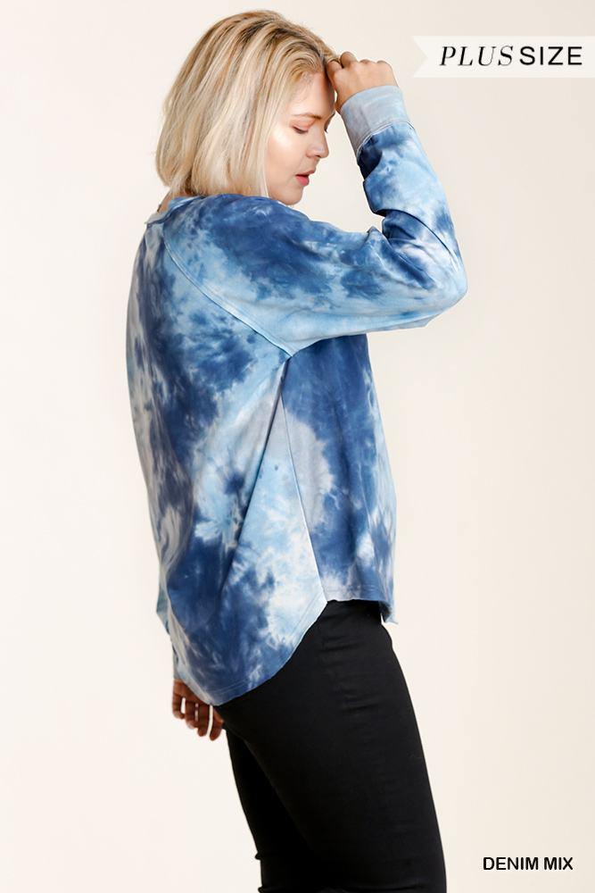 Tie-dye Button Front Long Raglan Sleeve Top With Raw Hem - Pearlara