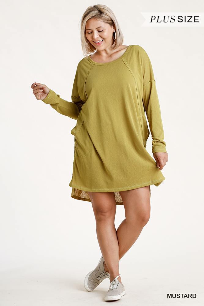 Long Raglan Sleeve Round Neck Raw Edged Detail Dress With Side Slits And Pockets - Pearlara