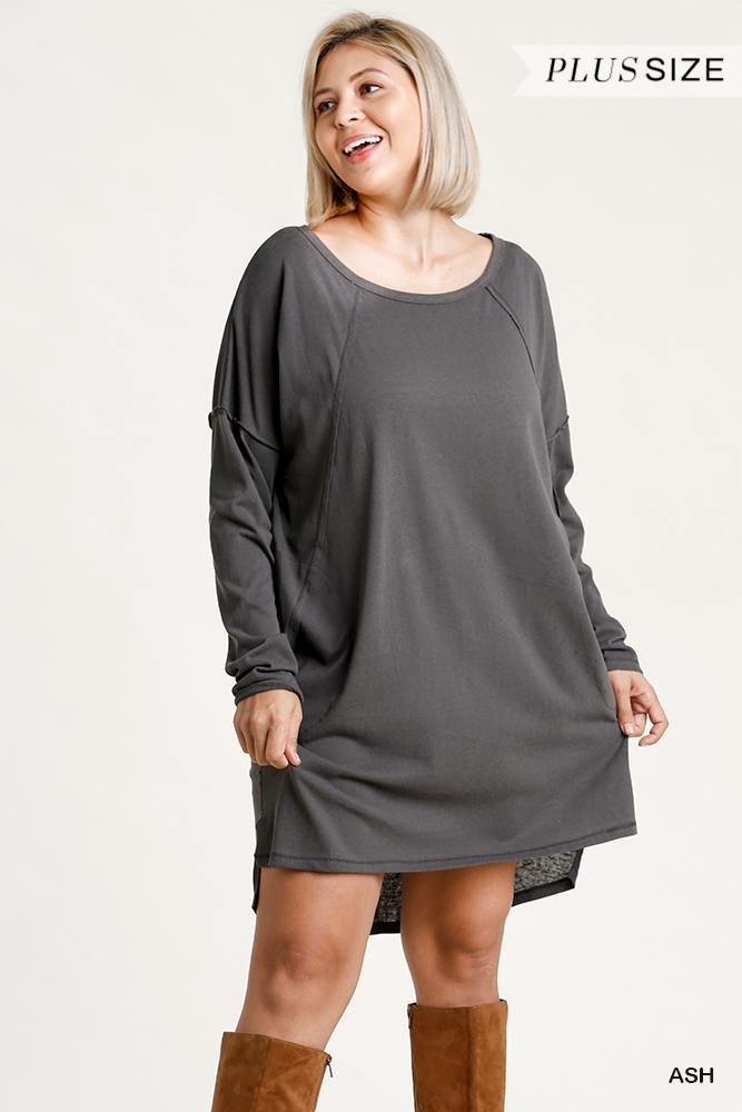 Long Raglan Sleeve Round Neck Raw Edged Detail Dress With Side Slits And Pockets - Pearlara