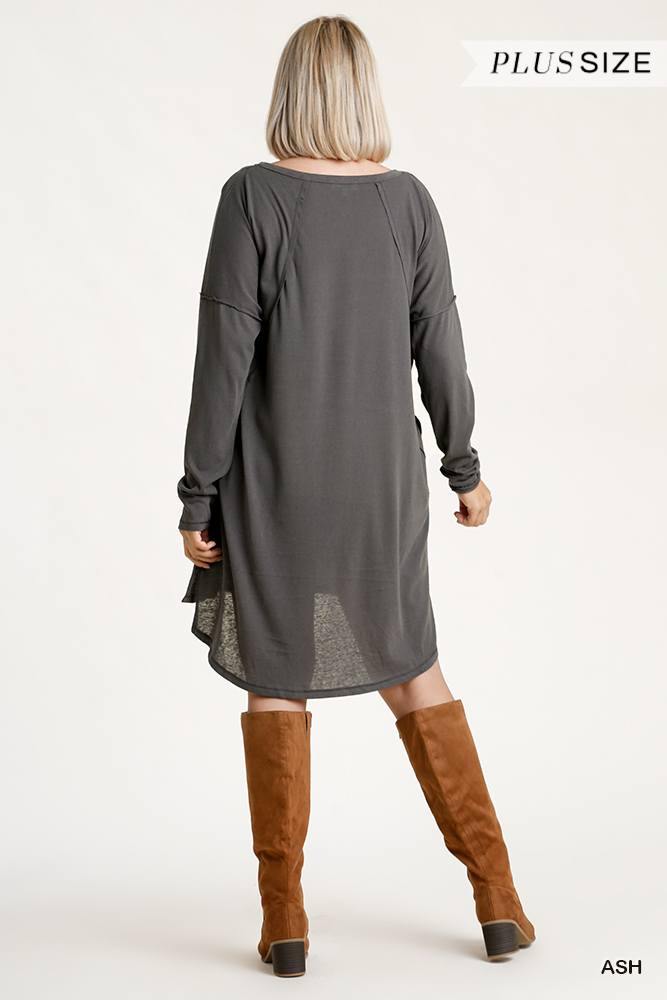 Long Raglan Sleeve Round Neck Raw Edged Detail Dress With Side Slits And Pockets - Pearlara