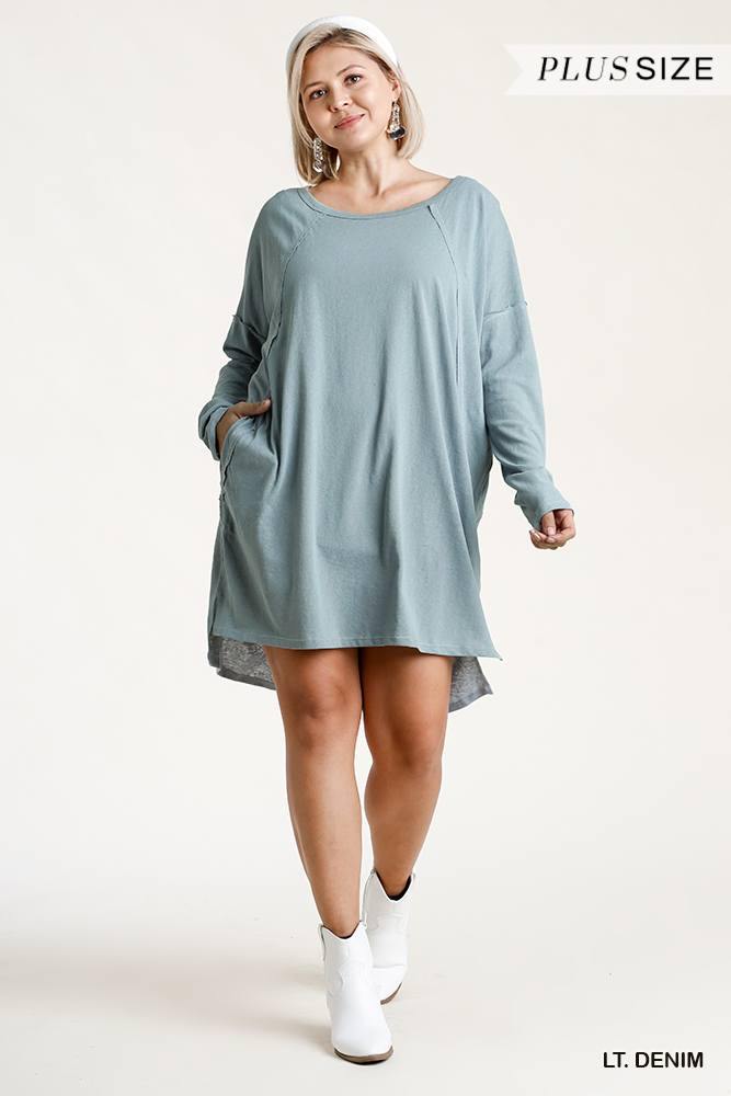 Long Raglan Sleeve Round Neck Raw Edged Detail Dress With Side Slits And Pockets - Pearlara