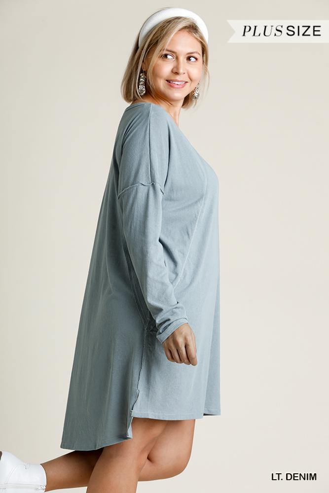 Long Raglan Sleeve Round Neck Raw Edged Detail Dress With Side Slits And Pockets - Pearlara