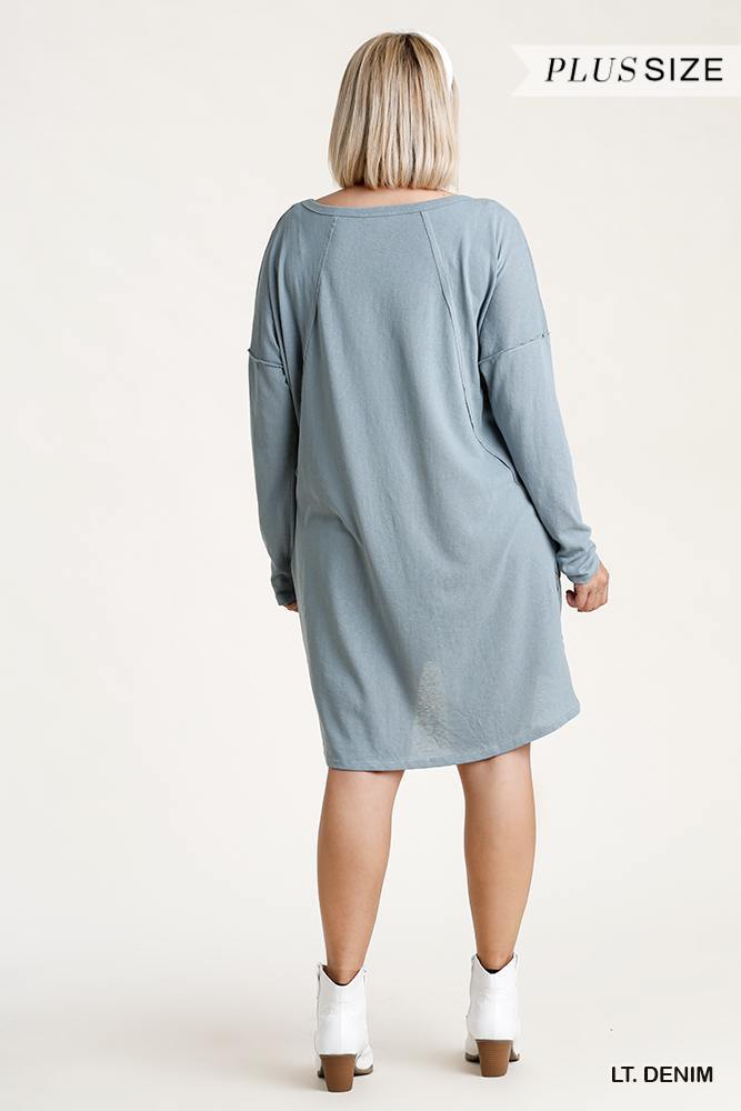 Long Raglan Sleeve Round Neck Raw Edged Detail Dress With Side Slits And Pockets - Pearlara